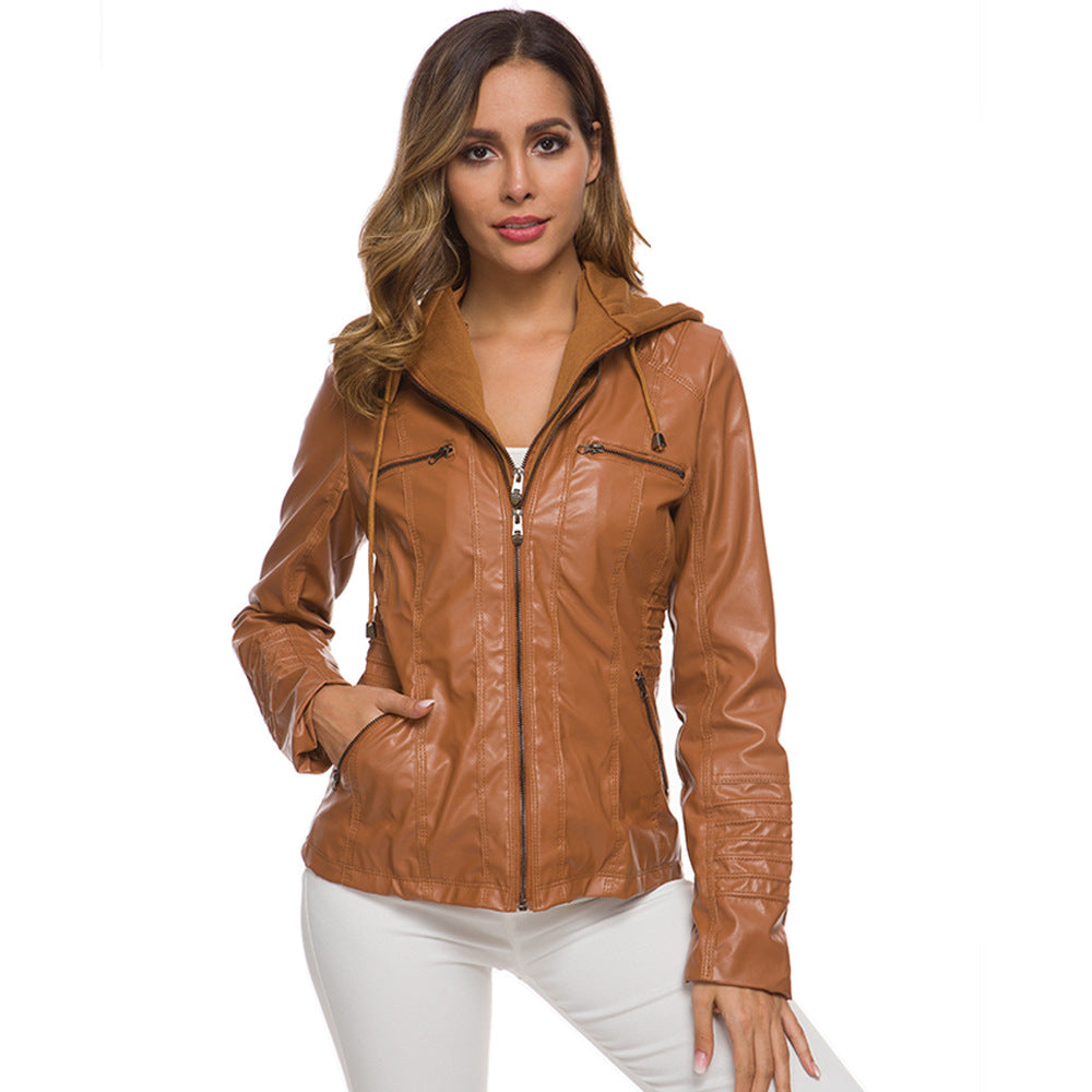 Faux Leather Zip Up Hooded Jacket