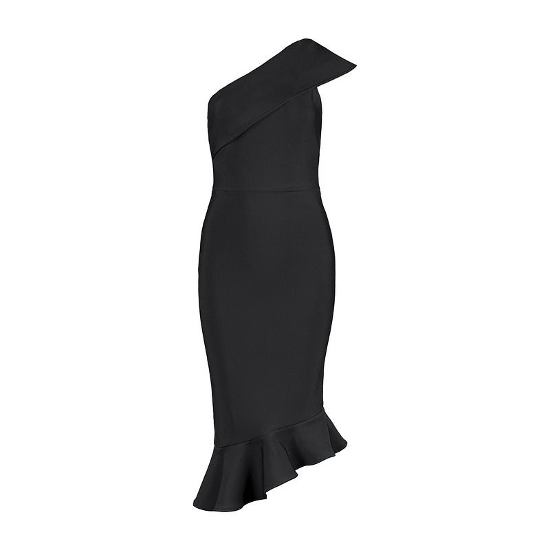 Sloping Shoulder Trumpet Midi Dress