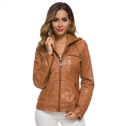 Faux Leather Zip Up Hooded Jacket