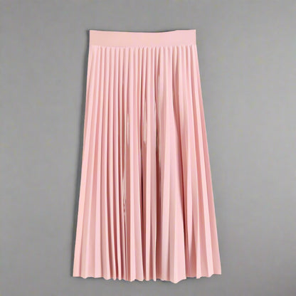 Elegant Pleated Midi Skirt in various colors, featuring delicate pleats and an elastic waistband for a comfortable and secure fit, suitable for casual outings, office wear, and formal events.