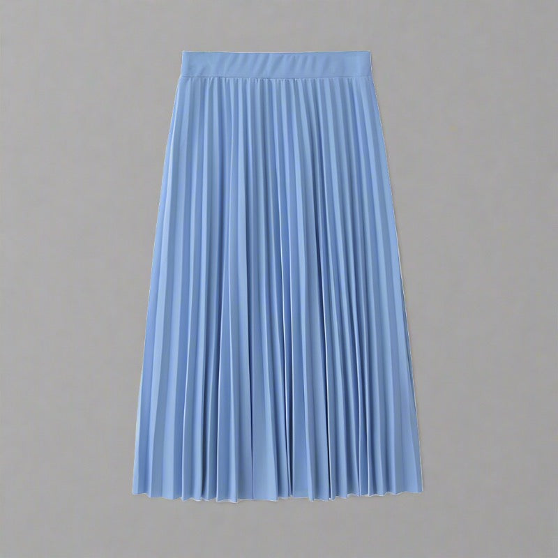 Elegant Pleated Midi Skirt in various colors, featuring delicate pleats and an elastic waistband for a comfortable and secure fit, suitable for casual outings, office wear, and formal events.