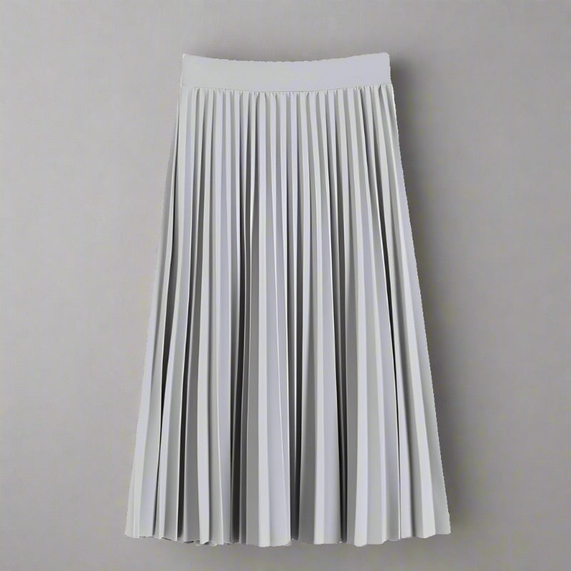 Elegant Pleated Midi Skirt in various colors, featuring delicate pleats and an elastic waistband for a comfortable and secure fit, suitable for casual outings, office wear, and formal events.