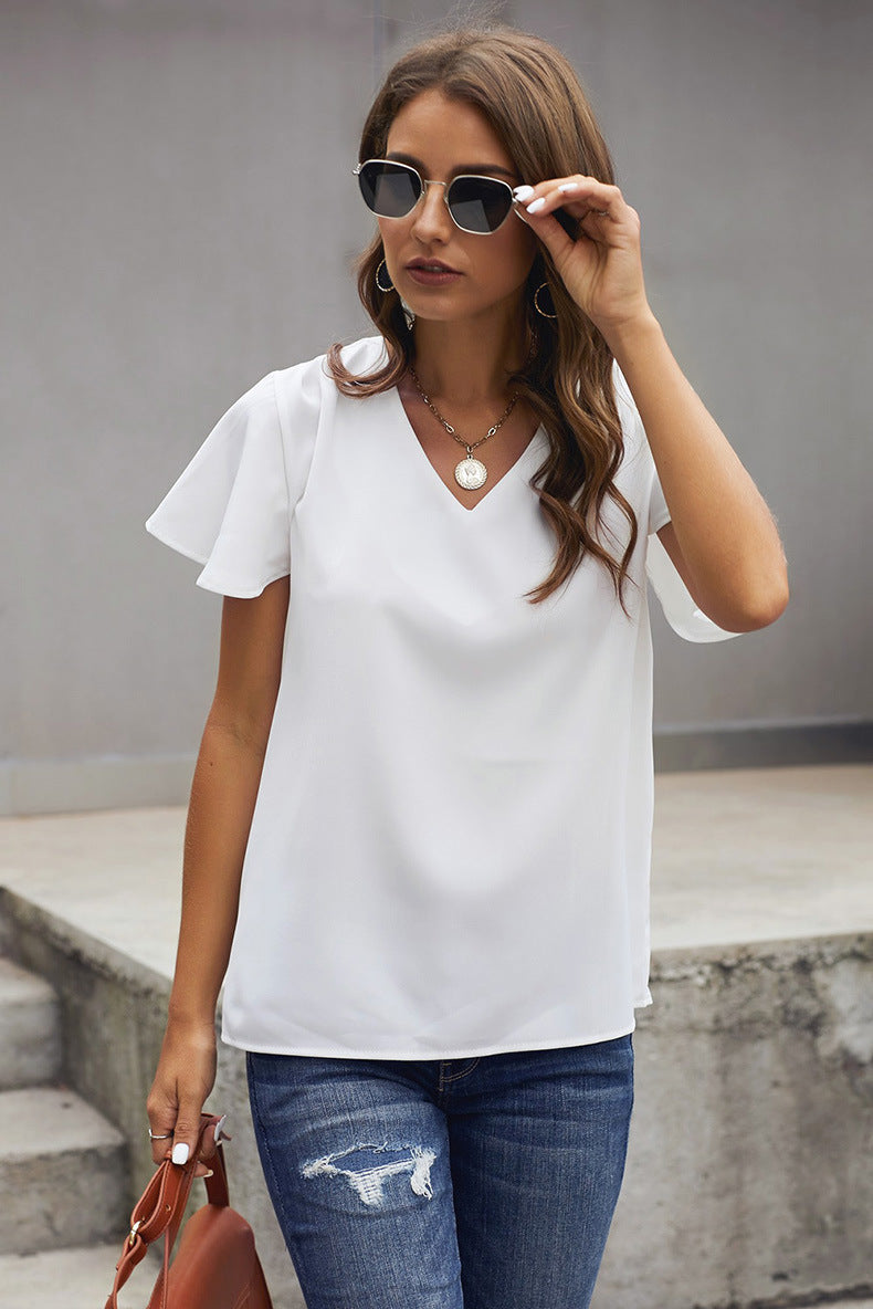 V neck Short Sleeve Pullover Blouse