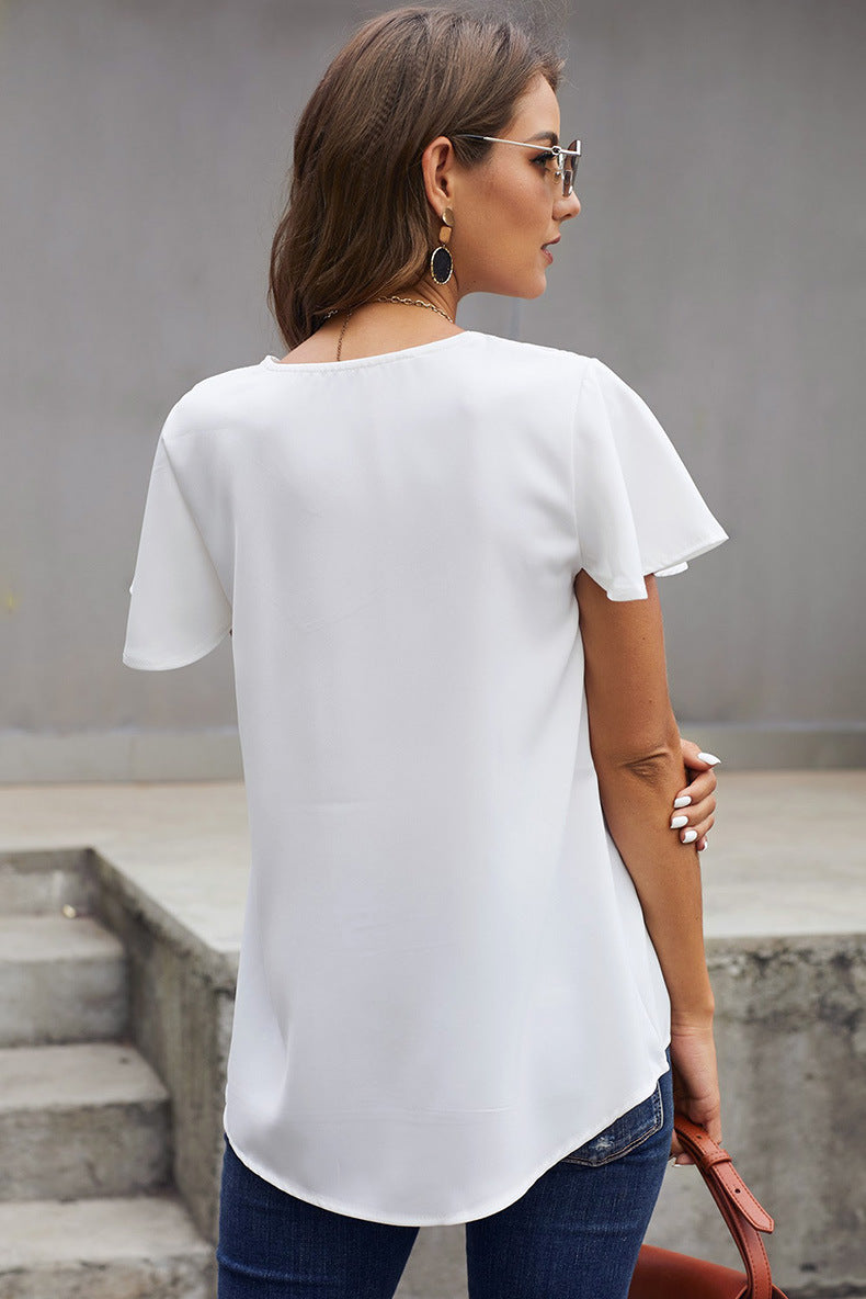 V neck Short Sleeve Pullover Blouse