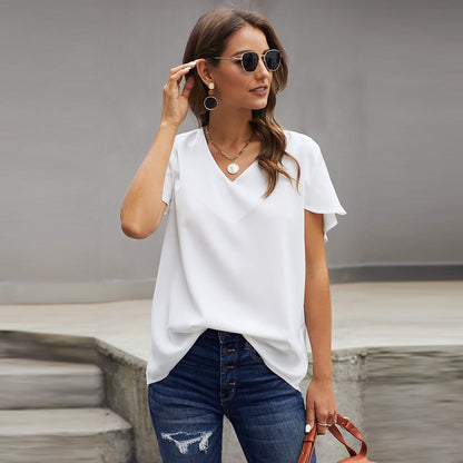 V neck Short Sleeve Pullover Blouse