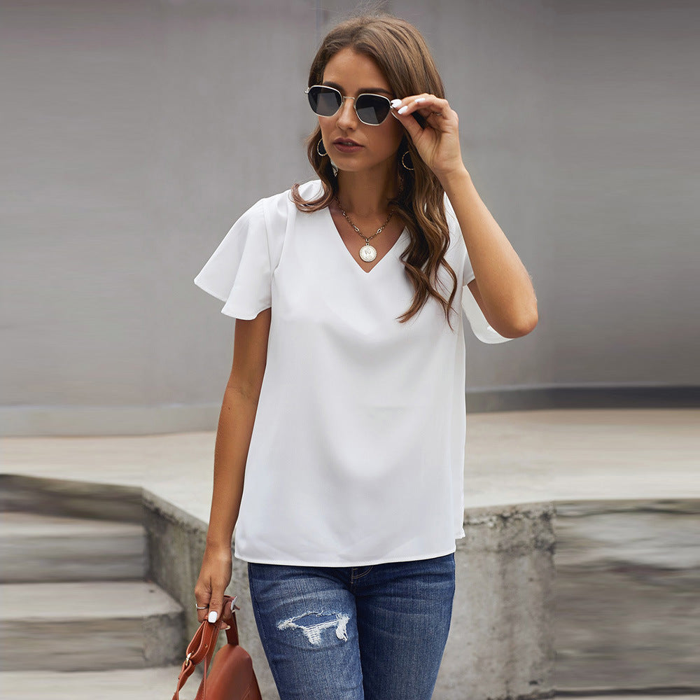 V neck Short Sleeve Pullover Blouse