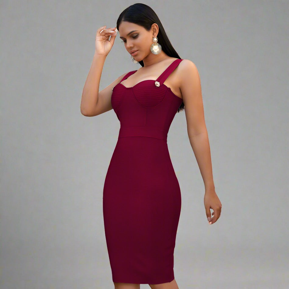 Woman wearing an Elegant Bodycon Midi Dress, featuring a fitted bodice with wide shoulder straps and decorative buttons, available in various colors.