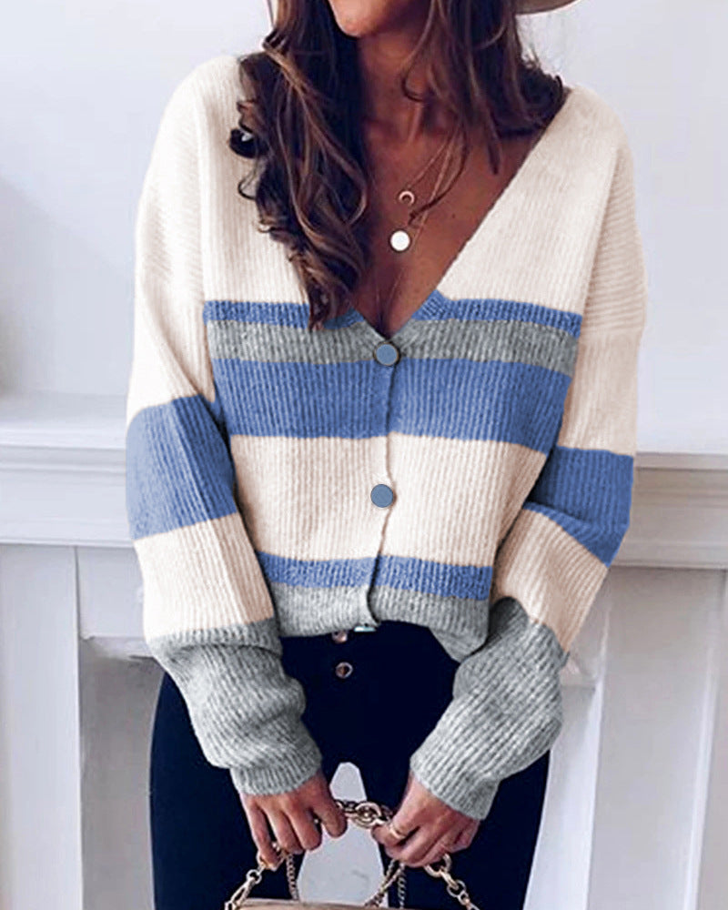 V-Neck Striped Knit Sweater