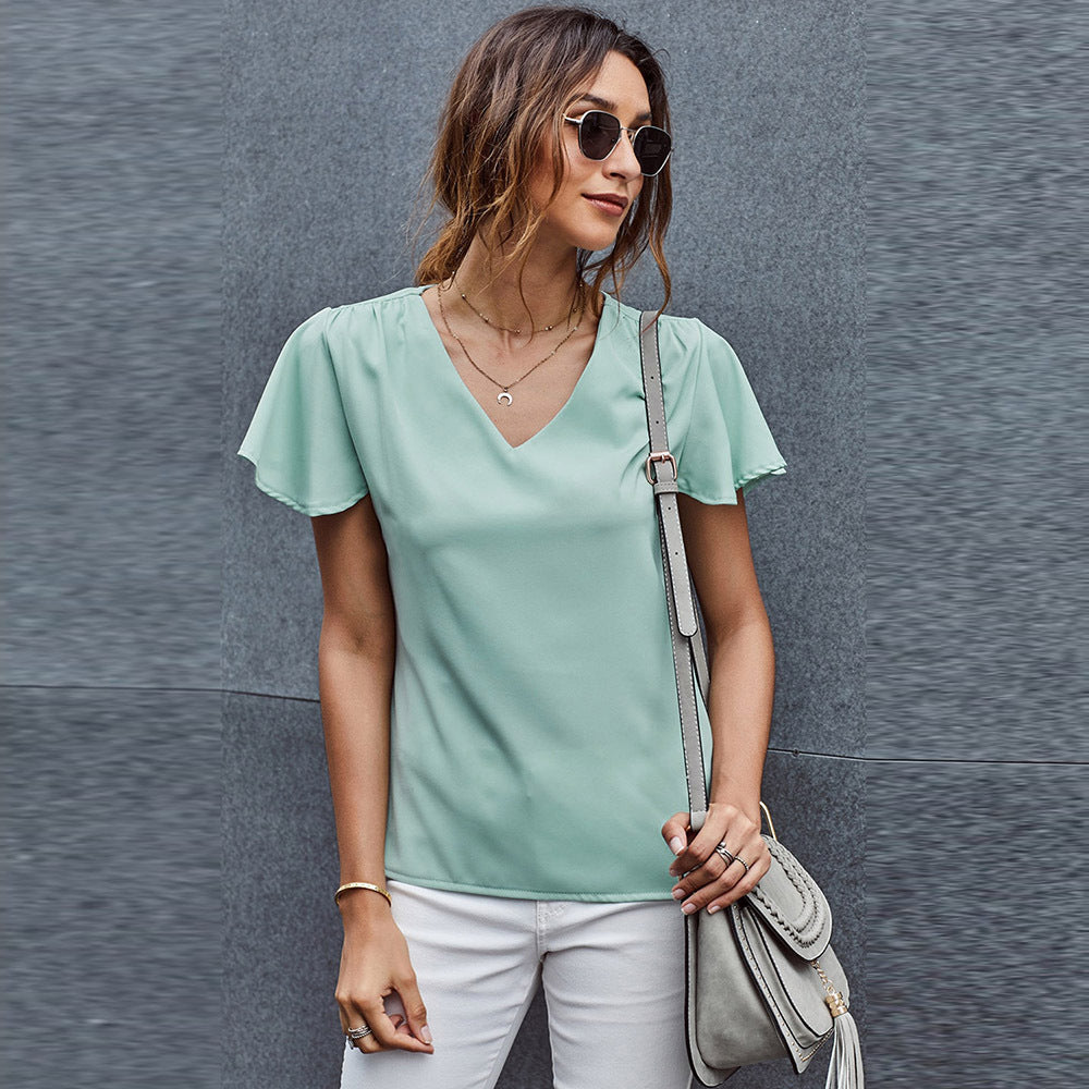 V neck Short Sleeve Pullover Blouse