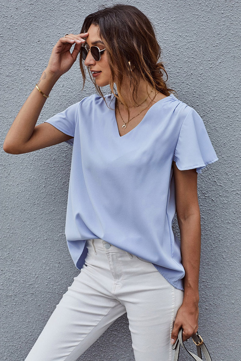 V neck Short Sleeve Pullover Blouse