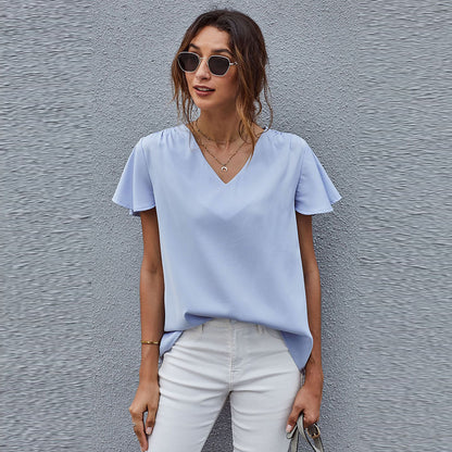 V neck Short Sleeve Pullover Blouse