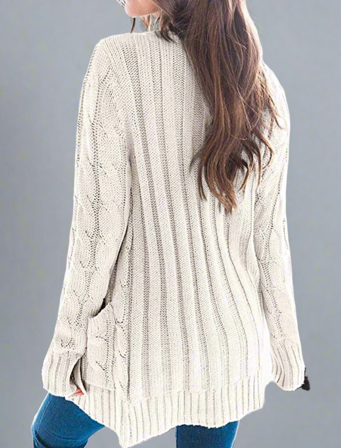 Cozy Cable Knit Cardigan - gray, classic cable knit design, long sleeves, button-down front, front pockets, soft high-quality fabric, perfect for casual outings and layering.