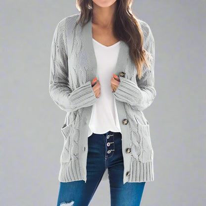 Cozy Cable Knit Cardigan - gray, classic cable knit design, long sleeves, button-down front, front pockets, soft high-quality fabric, perfect for casual outings and layering.