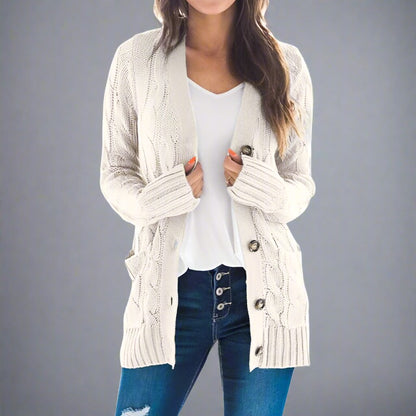 Cozy Cable Knit Cardigan - gray, classic cable knit design, long sleeves, button-down front, front pockets, soft high-quality fabric, perfect for casual outings and layering.