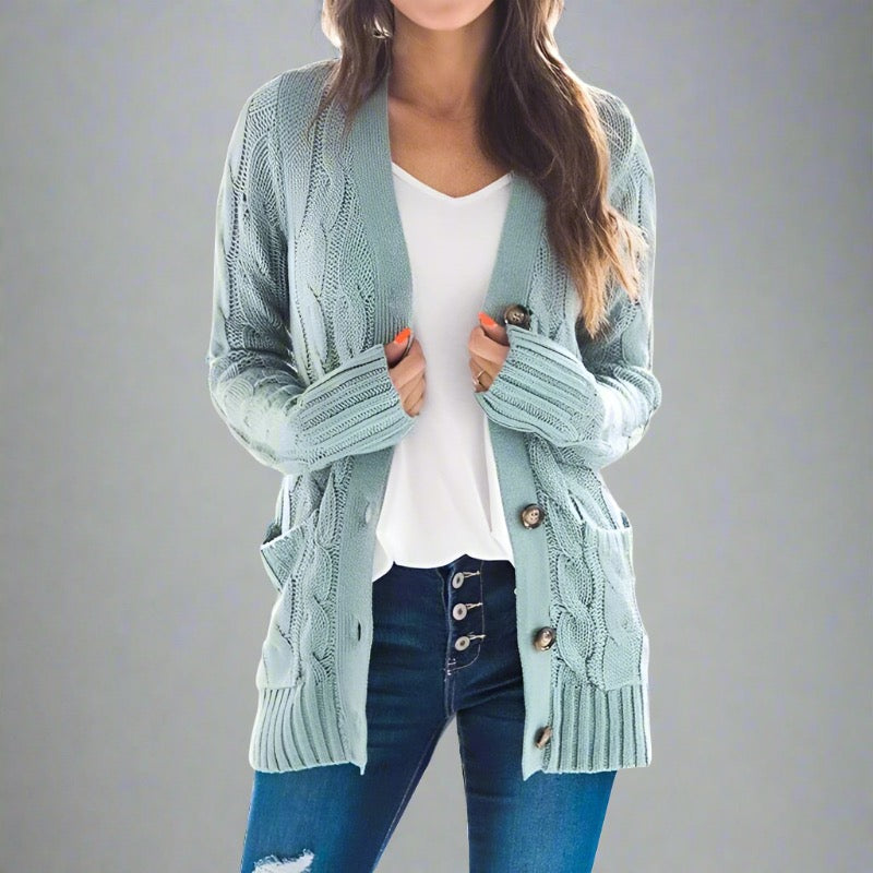 Cozy Cable Knit Cardigan - gray, classic cable knit design, long sleeves, button-down front, front pockets, soft high-quality fabric, perfect for casual outings and layering.