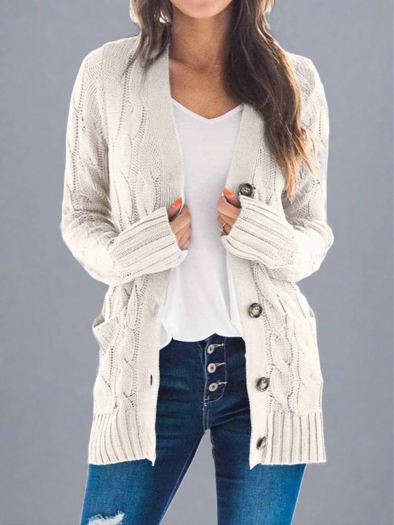 Cozy Cable Knit Cardigan - gray, classic cable knit design, long sleeves, button-down front, front pockets, soft high-quality fabric, perfect for casual outings and layering.