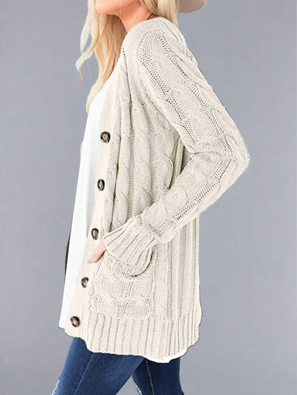 Cozy Cable Knit Cardigan - gray, classic cable knit design, long sleeves, button-down front, front pockets, soft high-quality fabric, perfect for casual outings and layering.