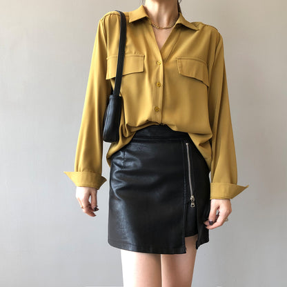 Long Sleeve Button Up Blouse with Front Pockets