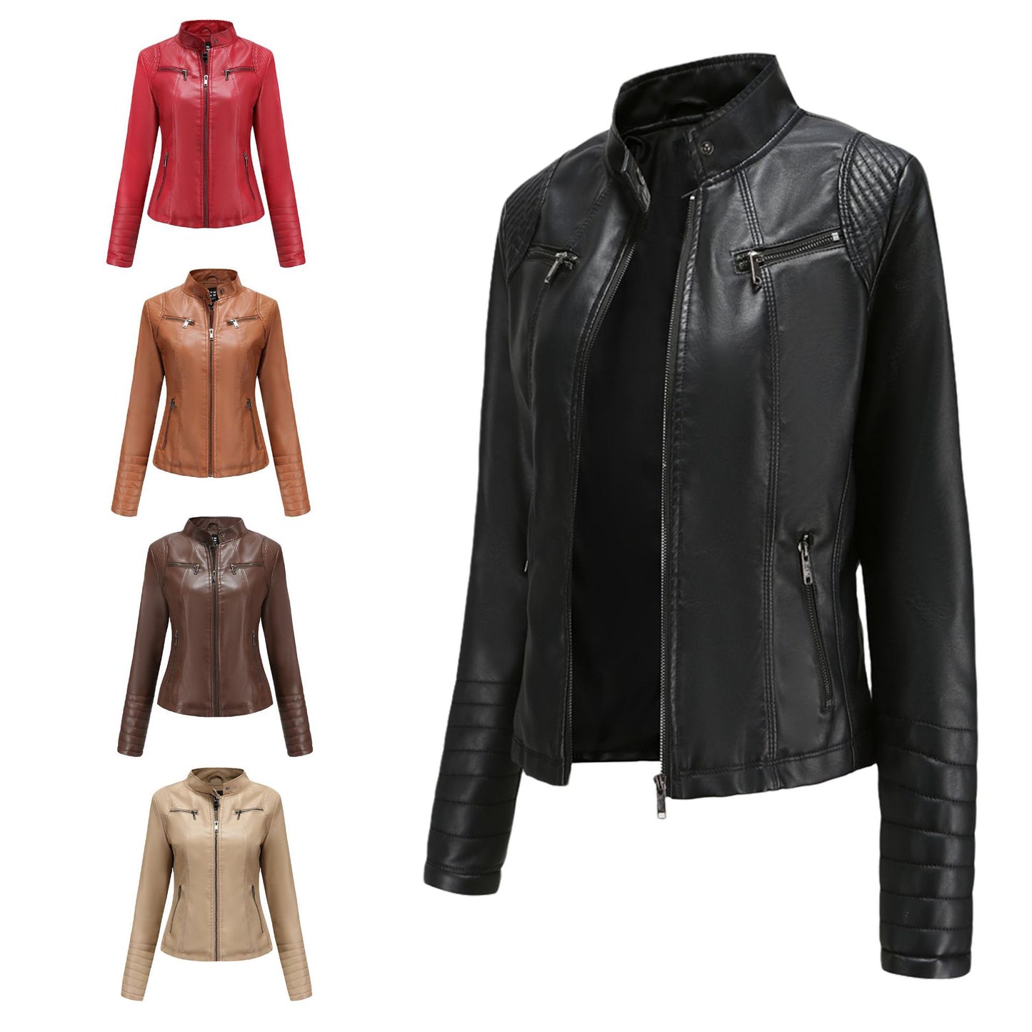 Stand Collar Zipper Faux Leather Jacket