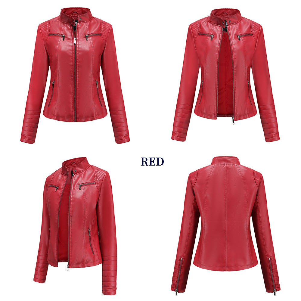 Stand Collar Zipper Faux Leather Jacket