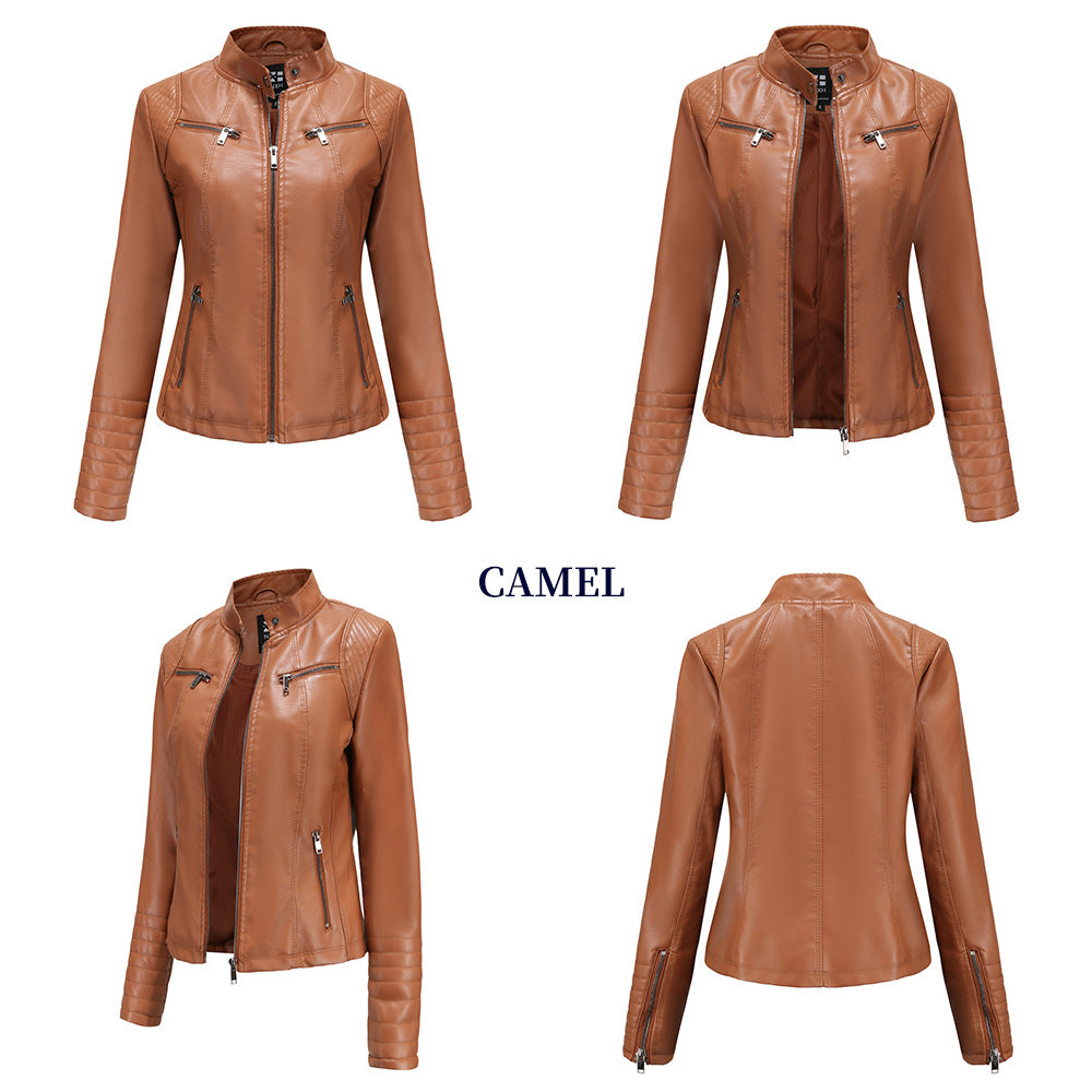 Stand Collar Zipper Faux Leather Jacket