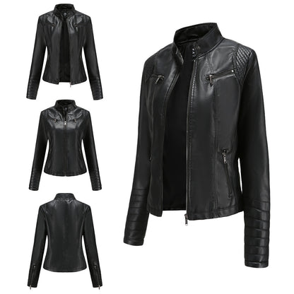 Stand Collar Zipper Faux Leather Jacket