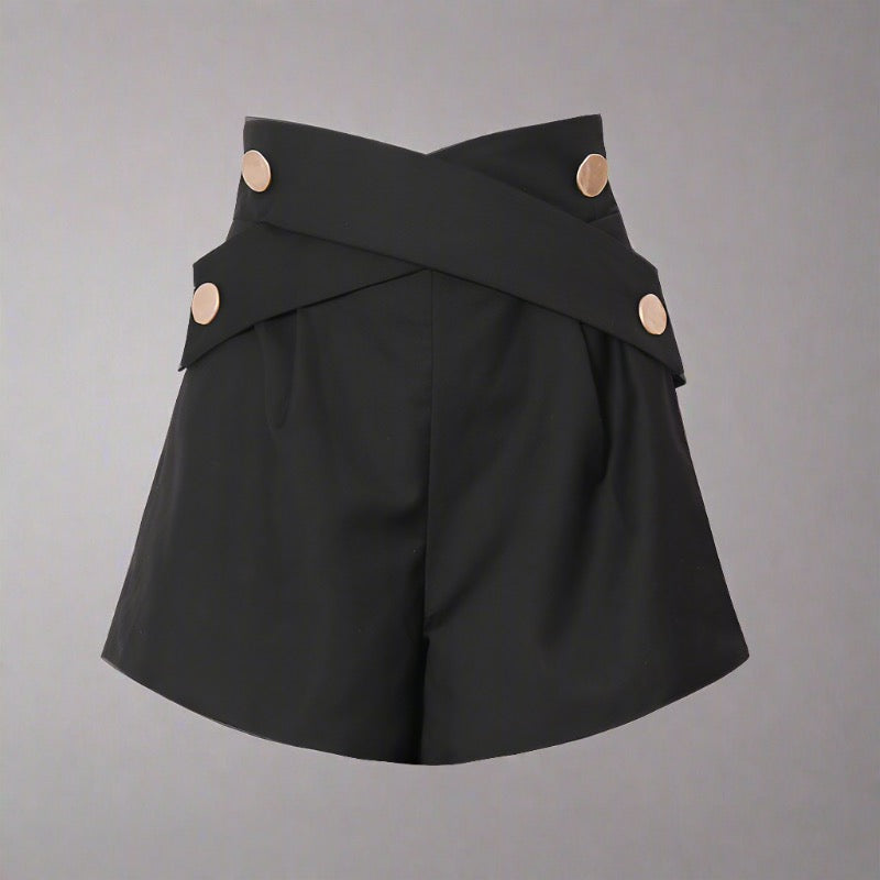 High-Waisted Cross-Belt Travel Shorts in black and khaki for women