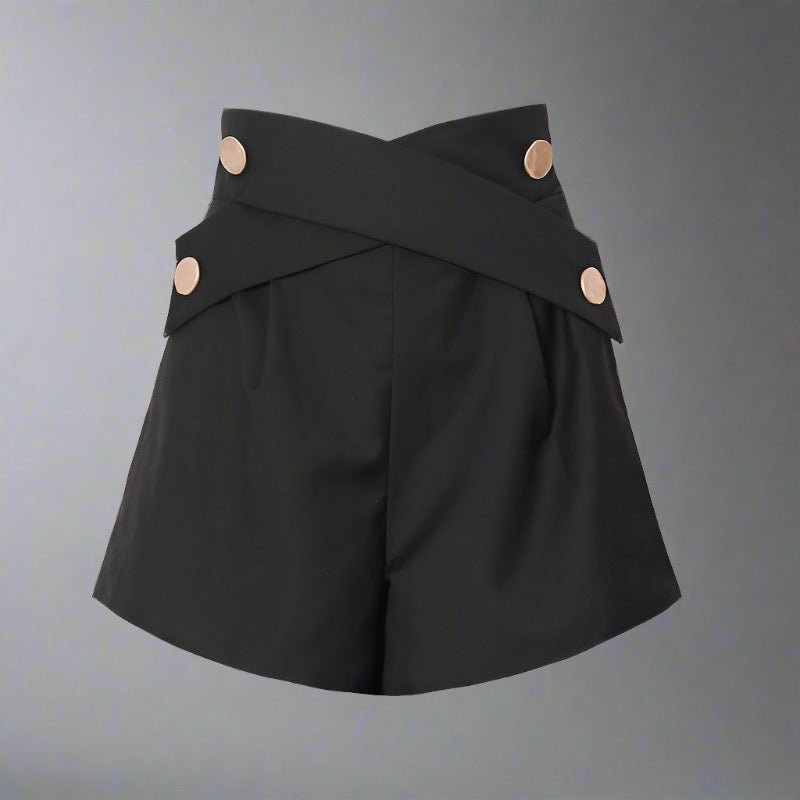 High-Waisted Cross-Belt Travel Shorts in black and khaki for women