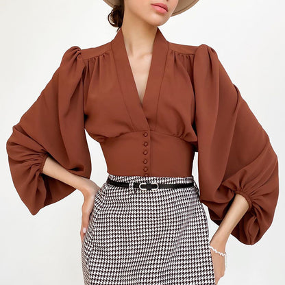 Deep  V-neck Lantern Sleeve Blouse