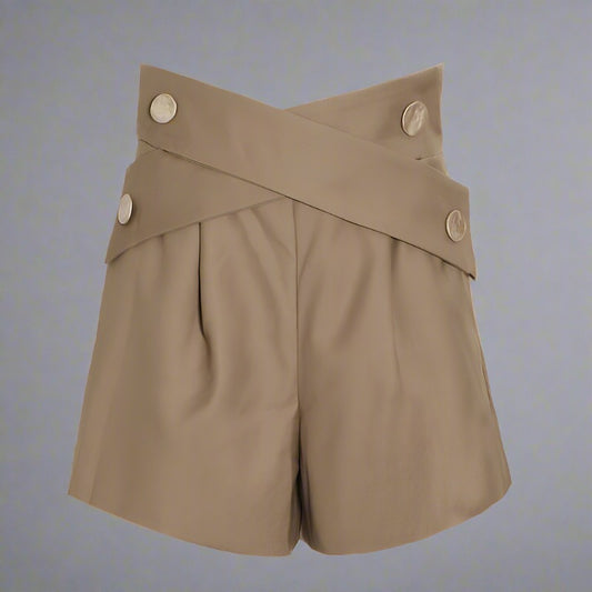 High-Waisted Cross-Belt Travel Shorts in black and khaki for women