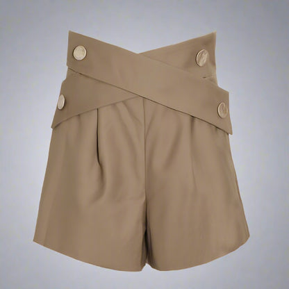 High-Waisted Cross-Belt Travel Shorts in black and khaki for women