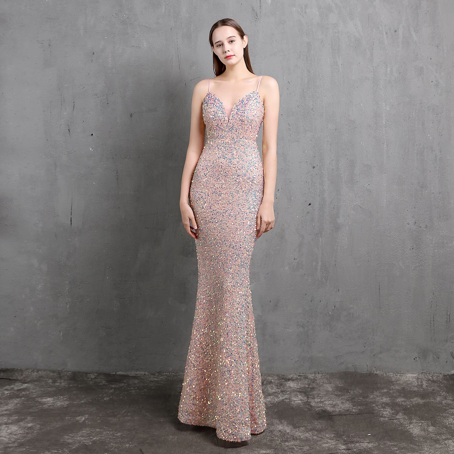 Spaghetti Strap Sequin Gown