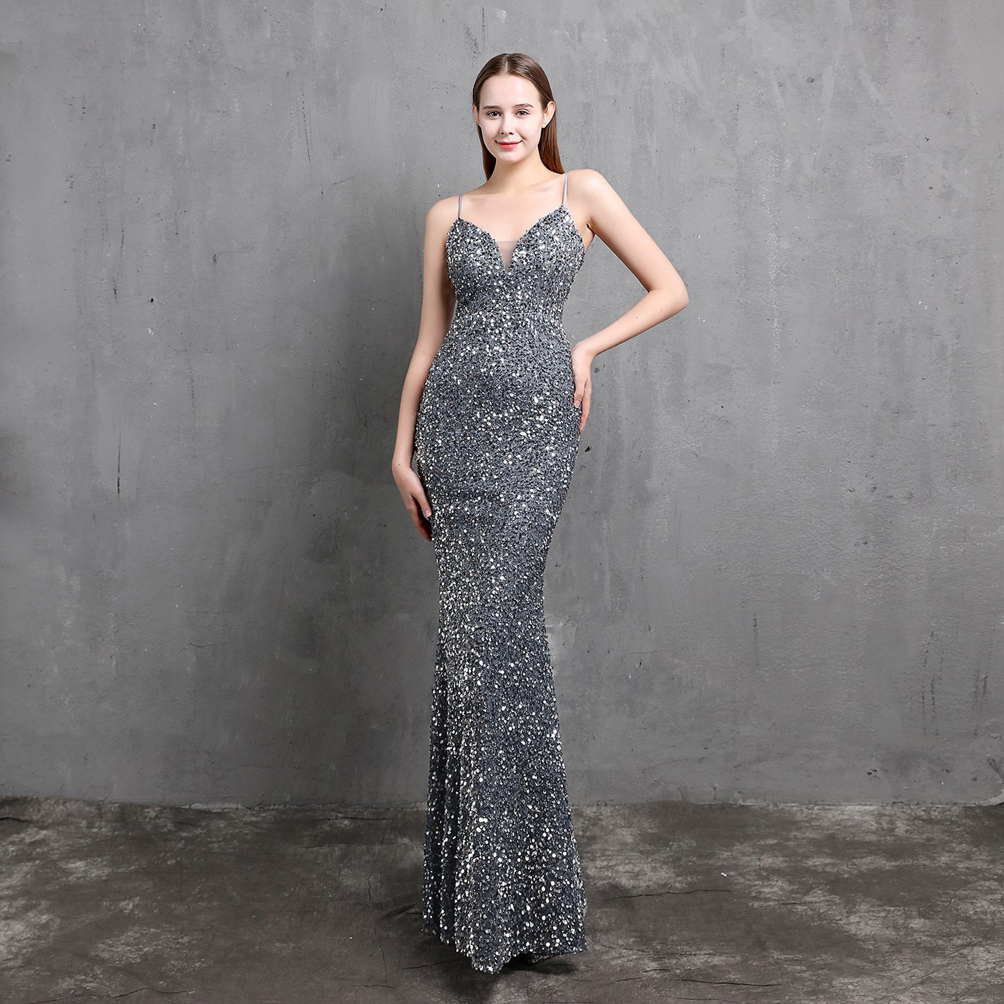 Spaghetti Strap Sequin Gown