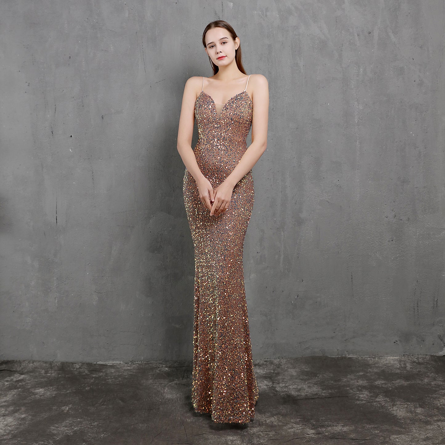 Spaghetti Strap Sequin Gown