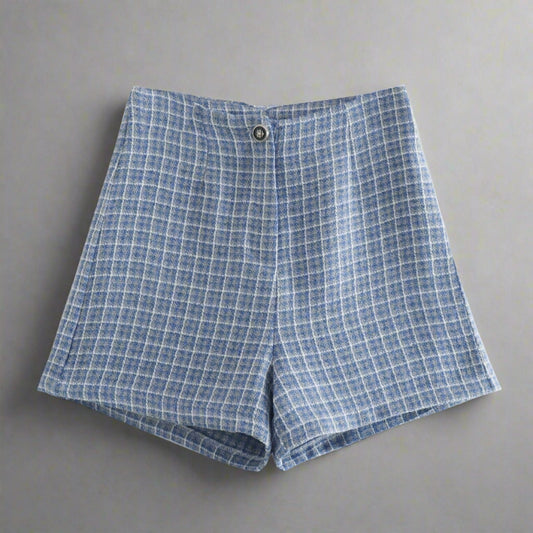 High-Waisted Linen Checkered Travel Shorts for Women