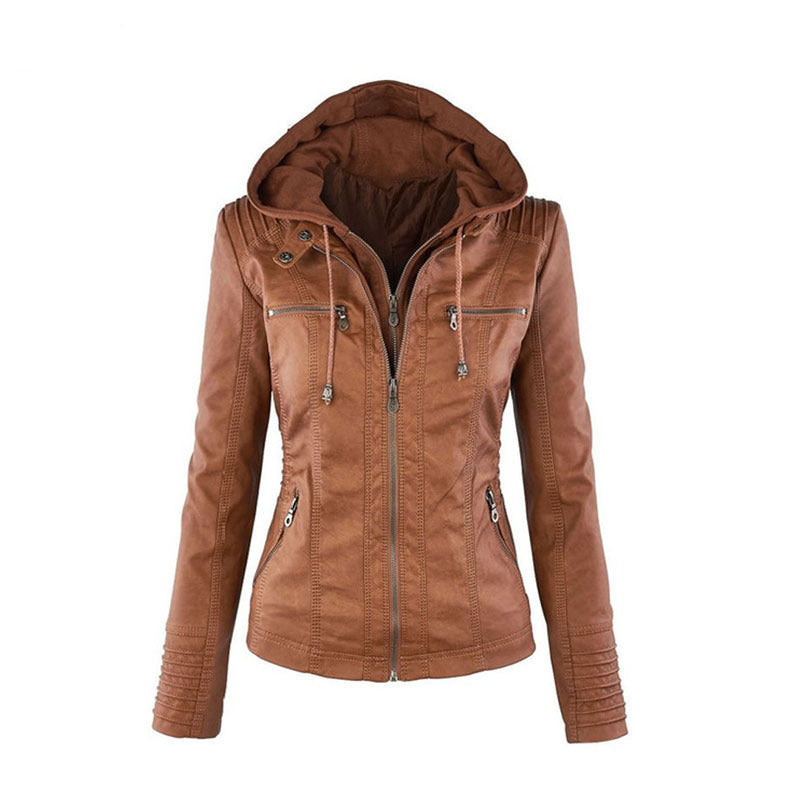 Faux Leather Zip Up Hooded Jacket