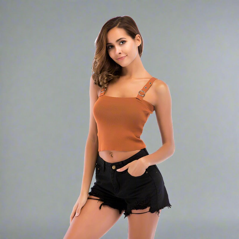 Trendy Traveler's Buckle Strap Crop Top - adjustable buckle straps, square neckline, ribbed texture, available in multiple colors, perfect for city explorations, beach lounging, and casual outings.