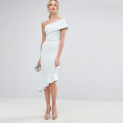 Sloping Shoulder Trumpet Midi Dress