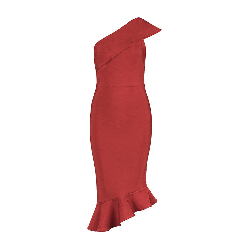 Sloping Shoulder Trumpet Midi Dress