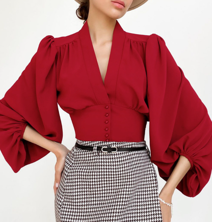 Deep  V-neck Lantern Sleeve Blouse