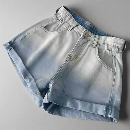 High-Waisted Gradient Denim Travel Shorts in pink, green, black, and blue for women