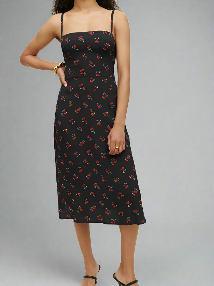 Cherry Print Midi Dress - features fitted bodice, adjustable spaghetti straps, midi-length skirt, charming cherry print, high-quality fabric, suitable for casual and formal occasions.