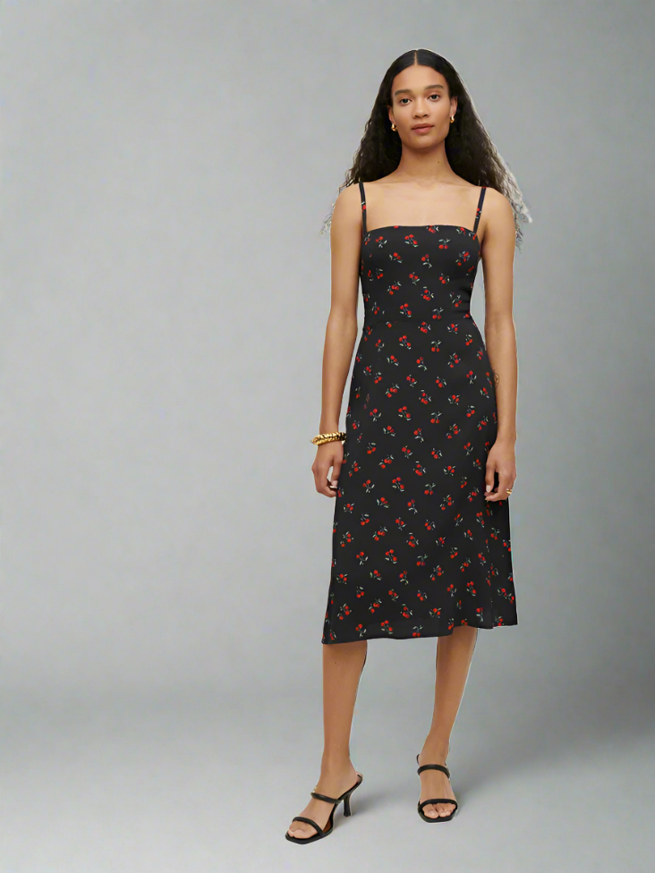 Cherry Print Midi Dress - features fitted bodice, adjustable spaghetti straps, midi-length skirt, charming cherry print, high-quality fabric, suitable for casual and formal occasions.