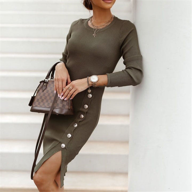 Long Sleeve Button Knitted Dress