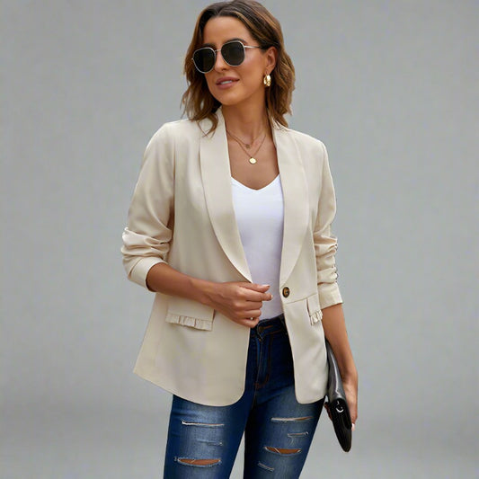 Elegant Traveler's Blazer - classic beige blazer with single-button closure and ruffle-detailed pockets, perfect for business meetings, city explorations, and evening outings