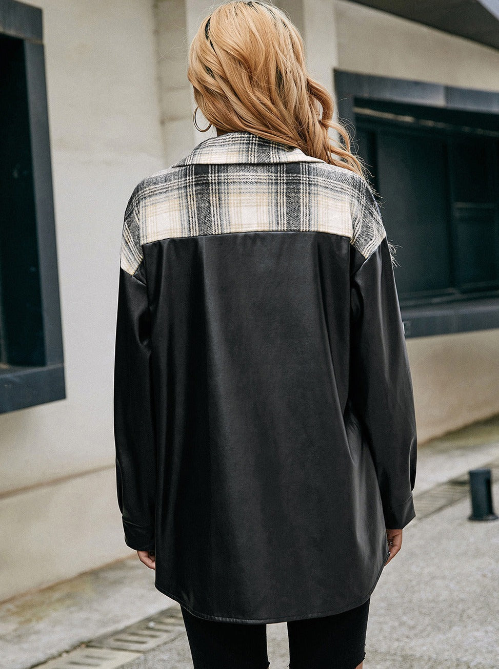 Faux Leather Sleeve Plaid Shacket