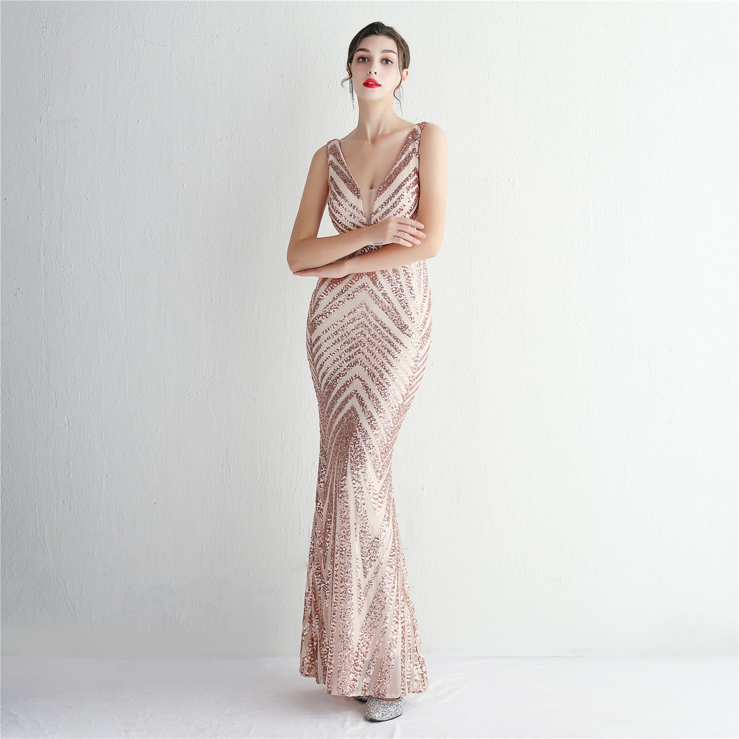 Sequin V-Neck Trumpet Gown