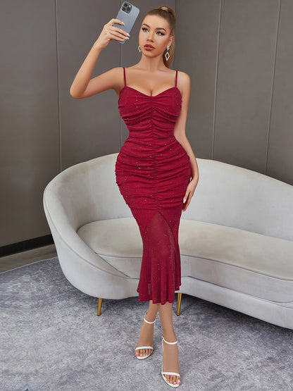 Wine Red Ruched Dress