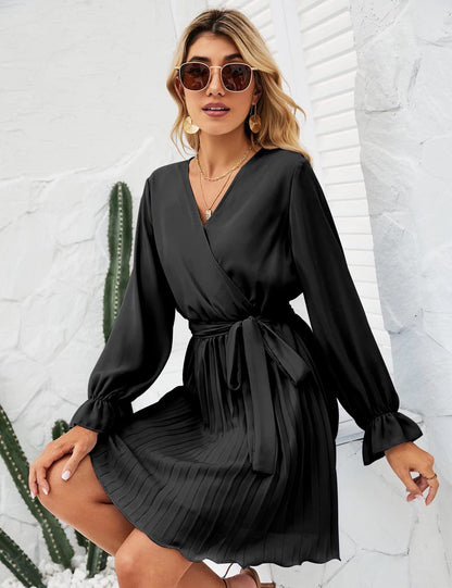 V neck Pleated Long Sleeve Mini Dress