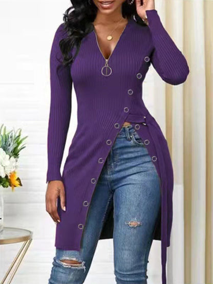 V-neck Long Sleeve High Slit Sweater